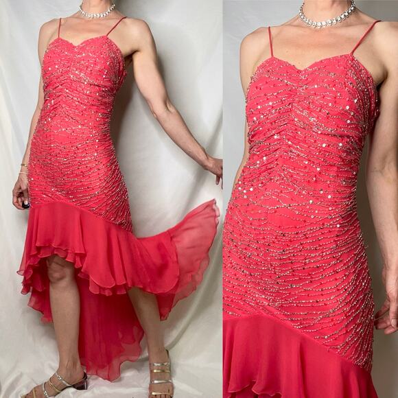 Scala prom dress coral pink 100% silk‎ ruffle hem slip gown beaded sequin formal - Picture 17 of 17